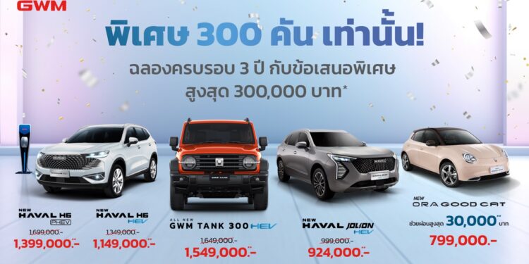 เกรท วอลล์ มอเตอร์ ฉลองครบรอบ 3 ปีอย่างยิ่งใหญ่ อัดโปรโมชันสุดคุ้มให้กับรถยนต์ทุกรุ่นแบบจัดเต็มจำนวนจำกัดพิเศษเพียงแค่ 300 คันเท่านั้น รับดีลพิเศษได้แล้วตั้งแต่วันนี้จนถึง 7 เมษายนนี้