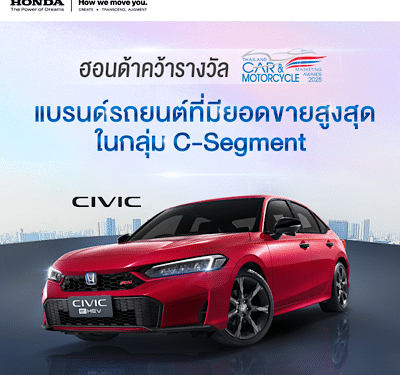 ฮอนด้า คว้ารางวัล “แบรนด์รถยนต์ที่มียอดขายสูงที่สุดในกลุ่ม C-Segment“ ในงาน THAILAND CAR OF THE YEAR 2025 โดย สรยท. ตอกย้ำความเชื่อมั่น ด้วยความไว้วางใจจากผู้ใช้งานทั่วประเทศ