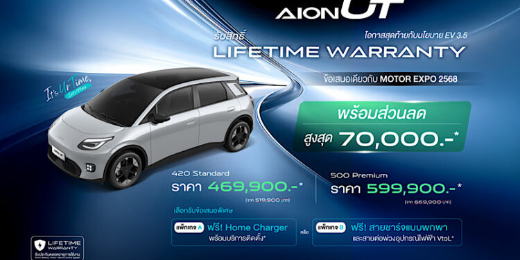 GAC AION Thailand มอบข้อเสนอพิเศษสำหรับ GAC AION UT พร้อมมอบสิทธิประโยชน์ Lifetime Warranty แบตเตอรี่และชุดมอเตอร์ขับเคลื่อนไฟฟ้า